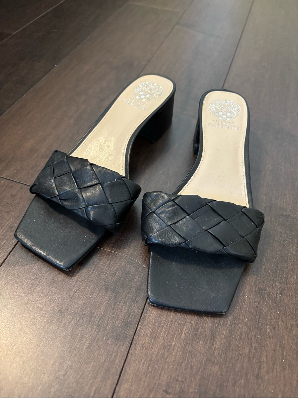 Vince Camuto Woven Strap Black Block Heel Slide Sandals